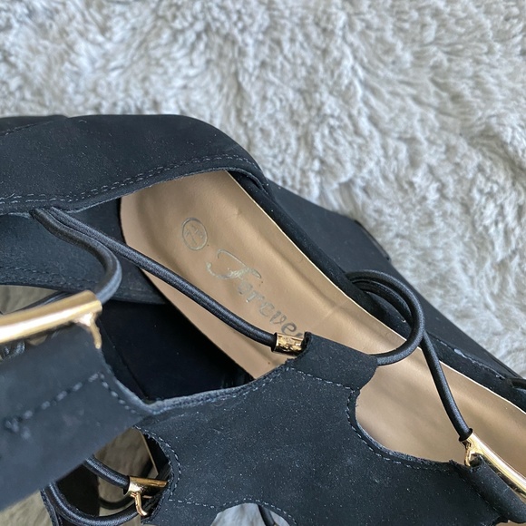 Forever Black Suede Wedges with Gold Accents - Picture 4 of 12